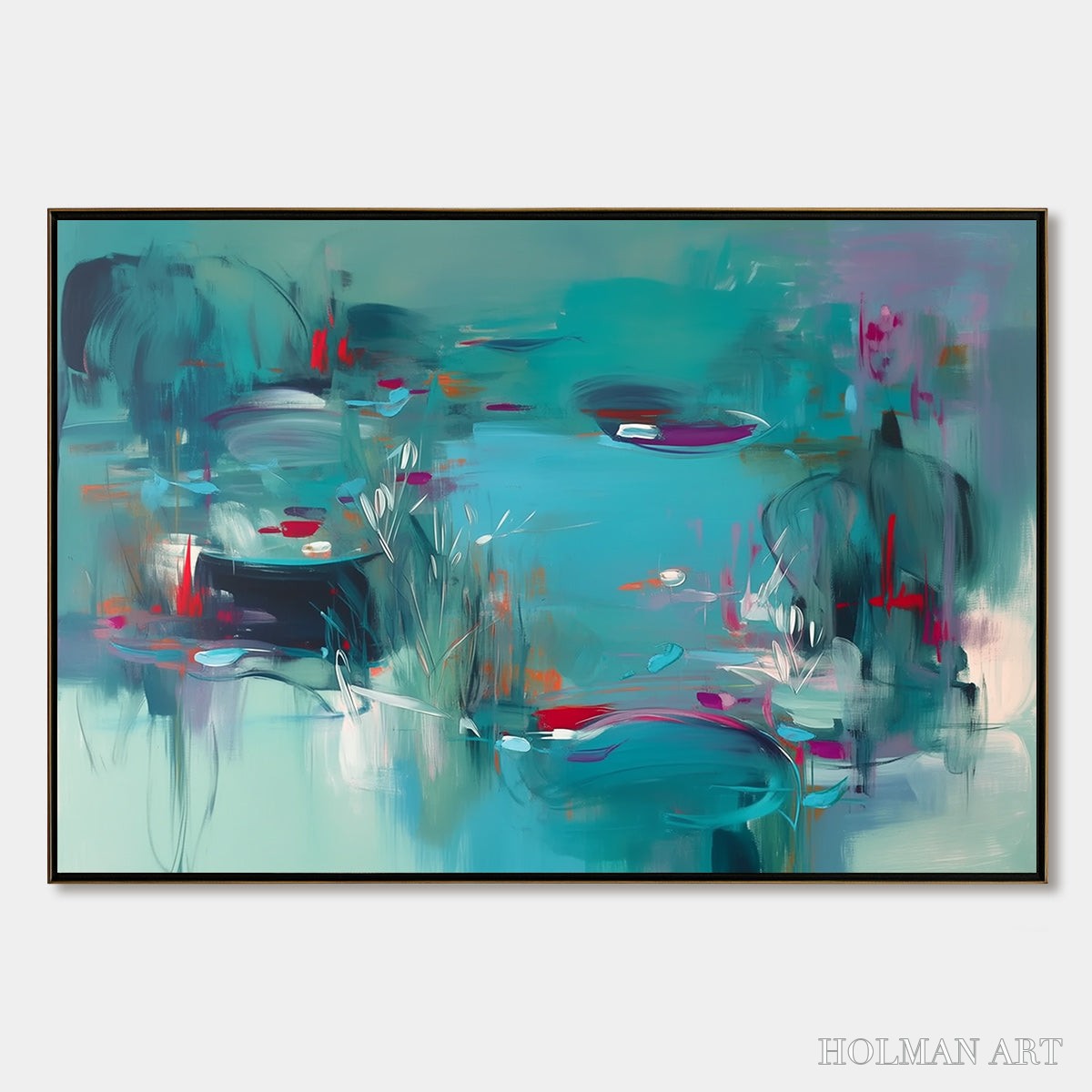 HOLMAN ART Lilac Reverie – Modern Abstract Waterscape Painting in Teal and Red - image 1