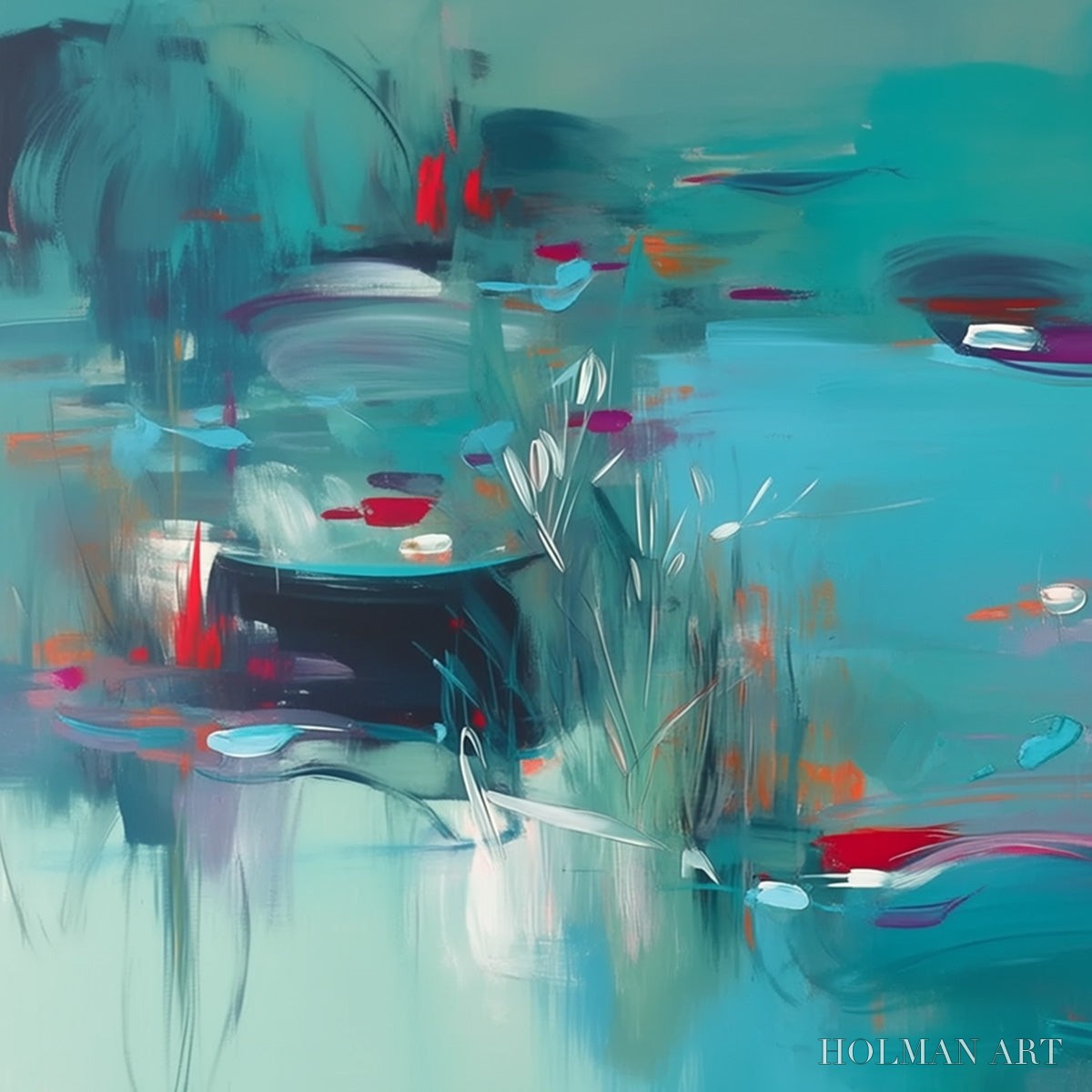 HOLMAN ART Lilac Reverie – Modern Abstract Waterscape Painting in Teal and Red - image 3