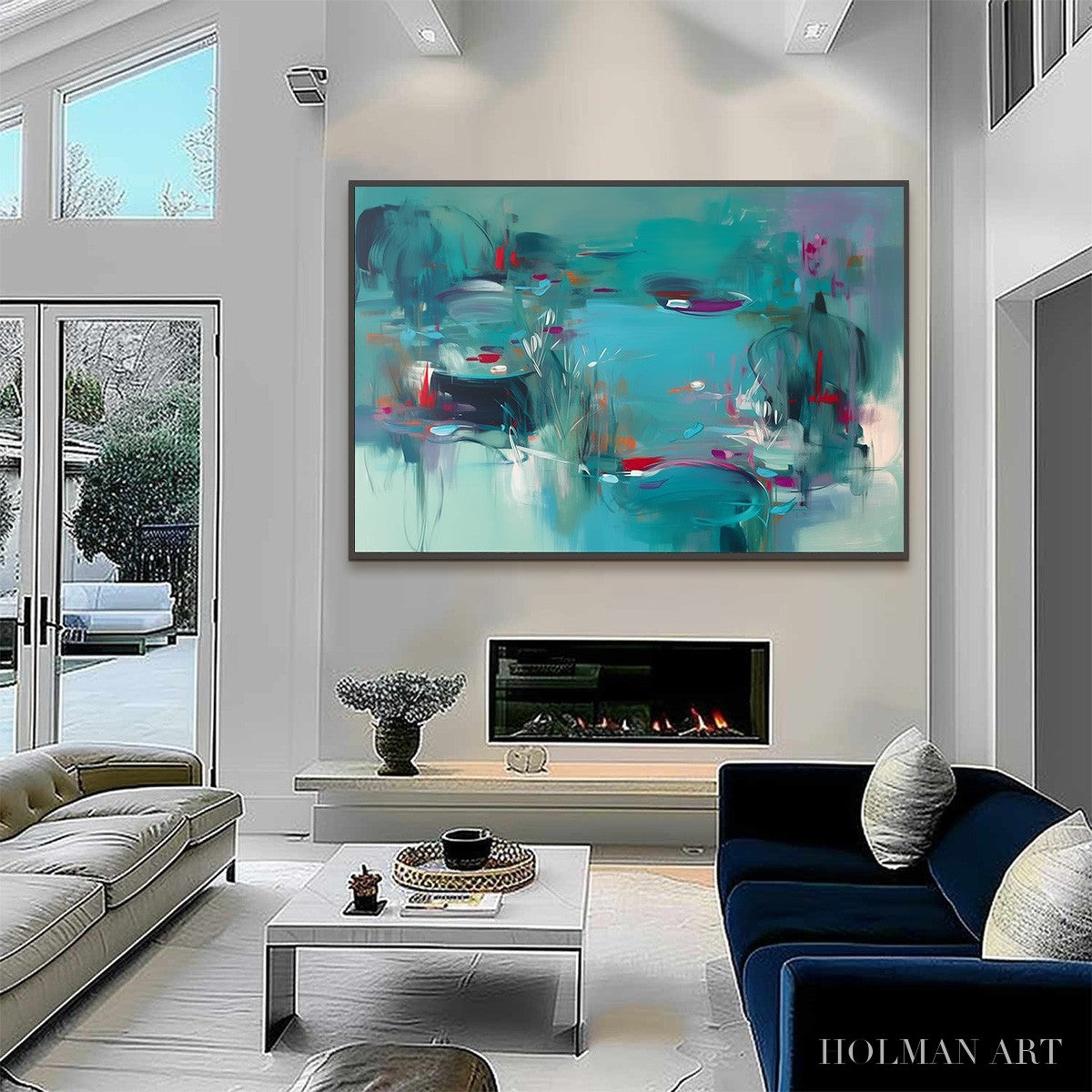 HOLMAN ART Lilac Reverie – Modern Abstract Waterscape Painting in Teal and Red - image 4