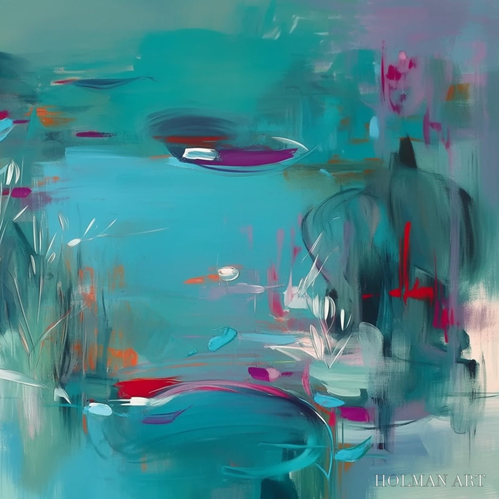 HOLMAN ART Lilac Reverie – Modern Abstract Waterscape Painting in Teal and Red - image 5