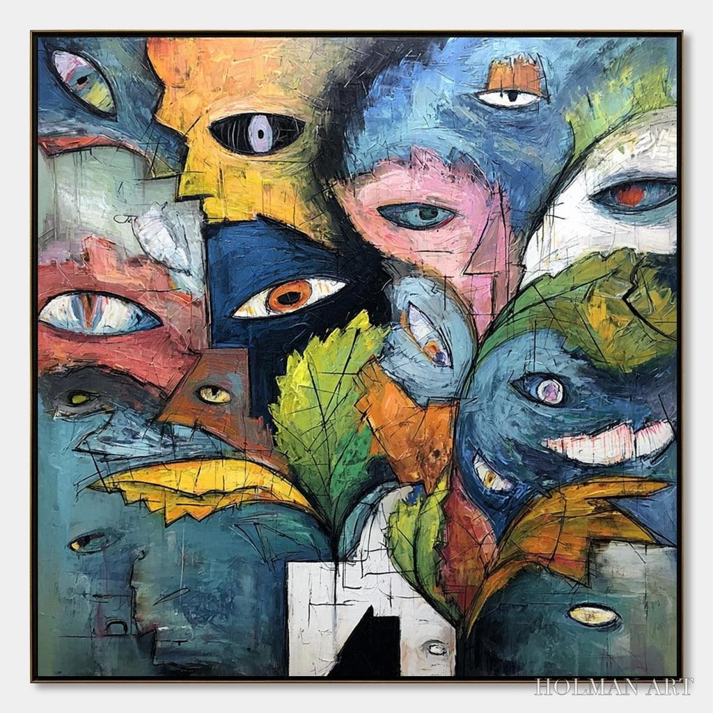 HOLMAN ART Spectators – Large Colorful Abstract Faces Impasto Painting - image 1