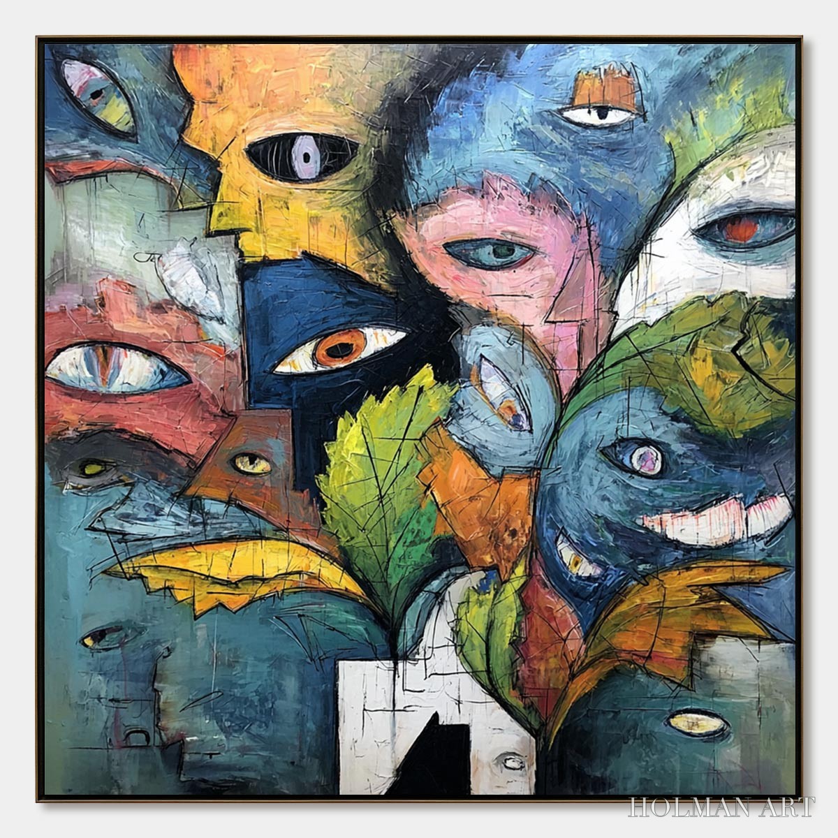 HOLMAN ART Spectators – Large Colorful Abstract Faces Impasto Painting - image 1
