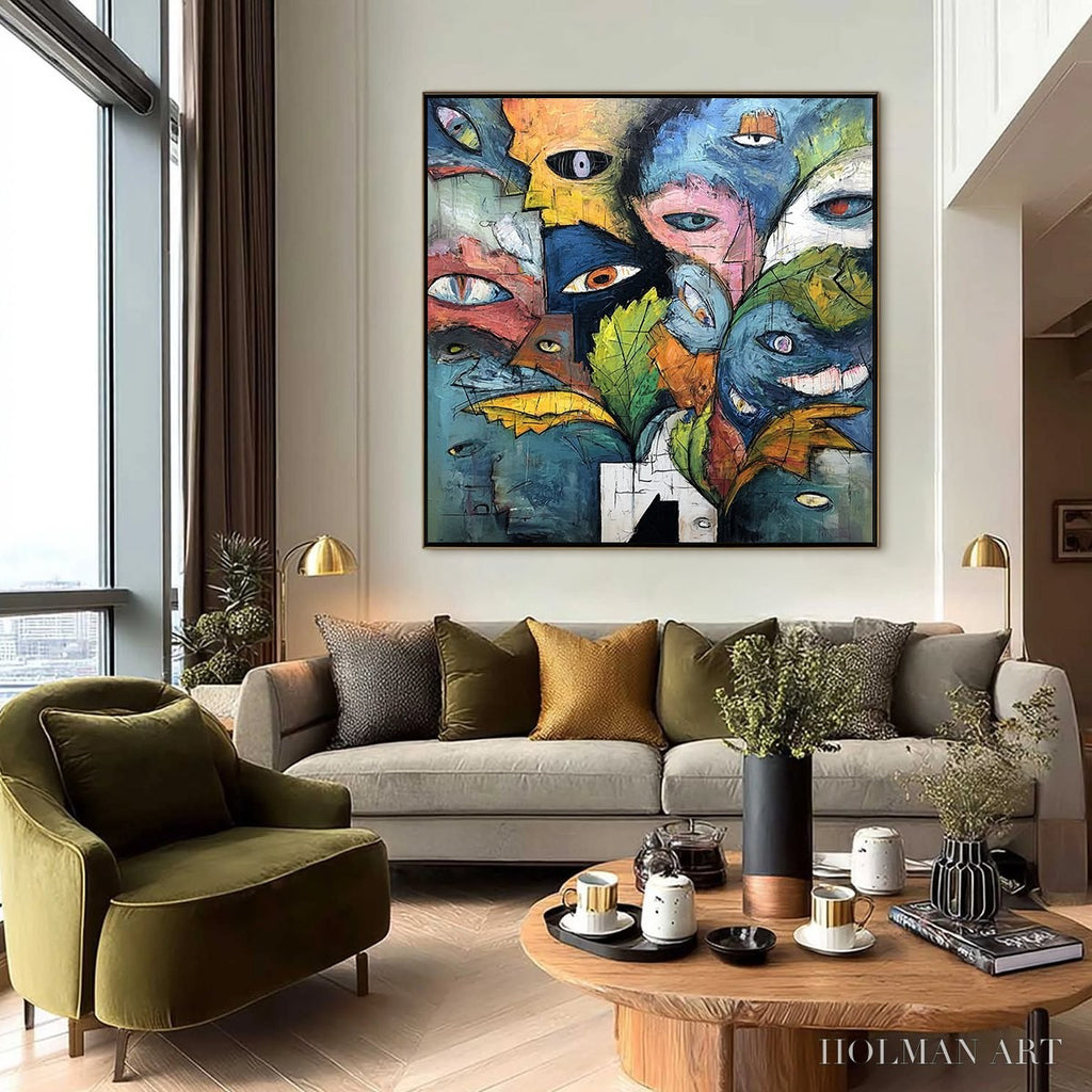 HOLMAN ART Spectators – Large Colorful Abstract Faces Impasto Painting - image 2