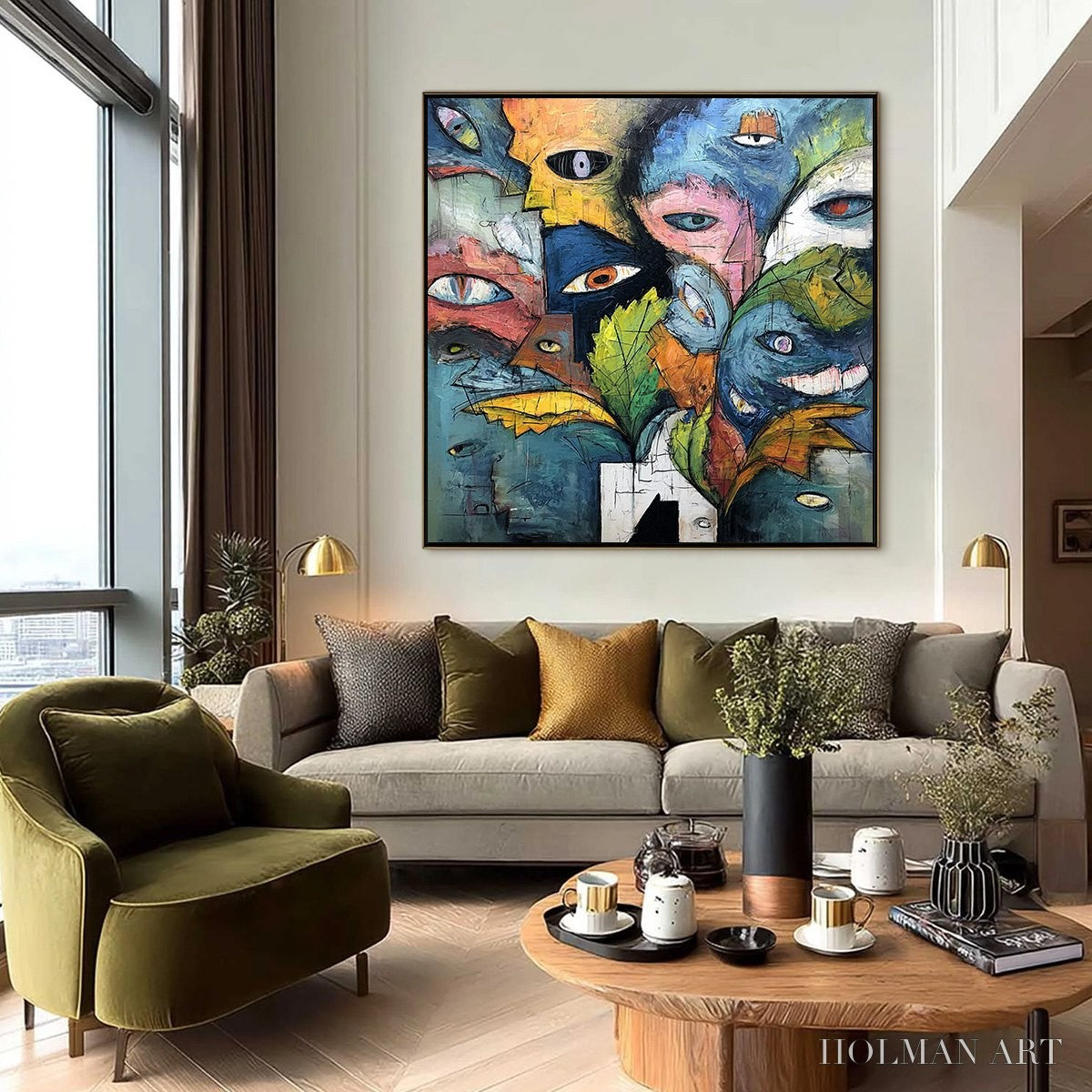 HOLMAN ART Spectators – Large Colorful Abstract Faces Impasto Painting - image 2