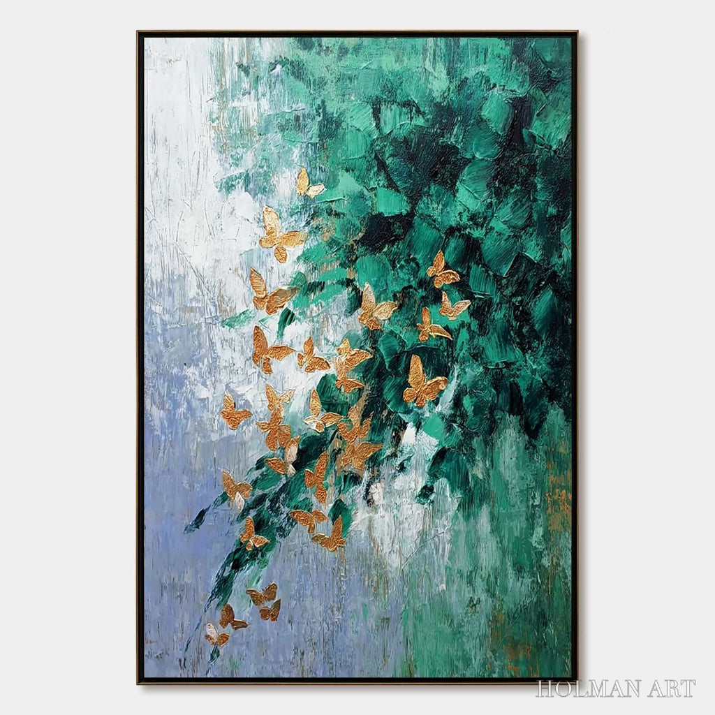 HOLMAN ART Emerald Flutter – Textured Abstract Butterfly Painting with Golden Accents - image 1