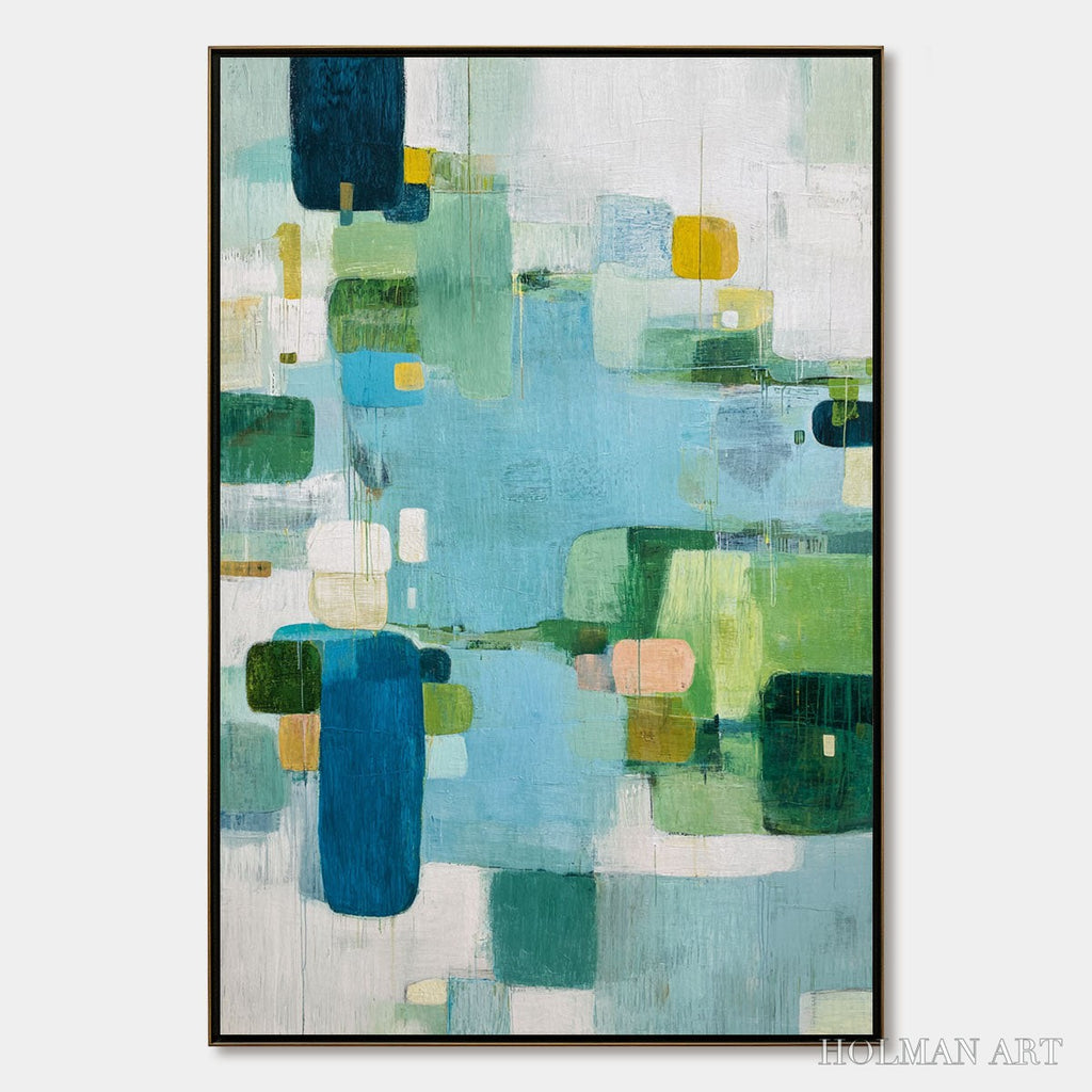 HOLMAN ART Verdant Mosaic – Vertical Modern Blue and Green Abstract Painting - image 1