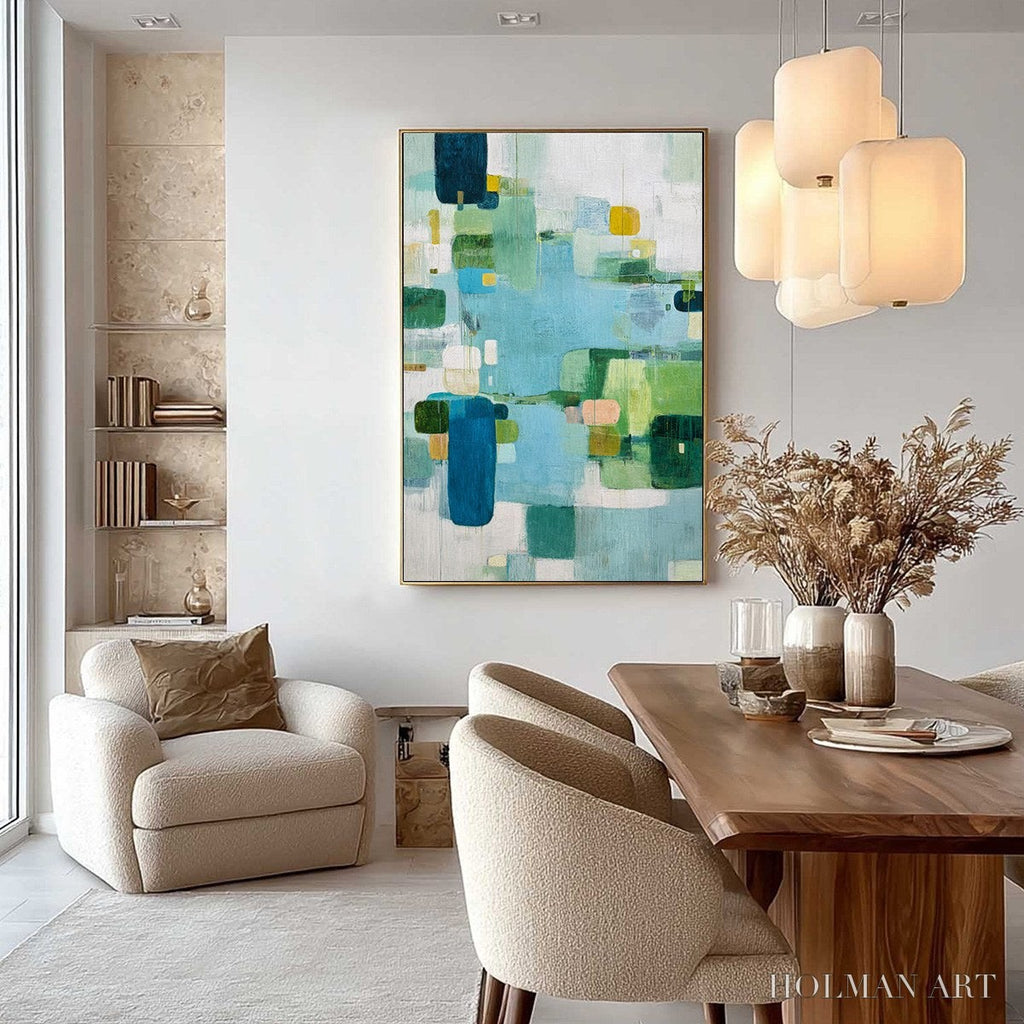HOLMAN ART Verdant Mosaic – Vertical Modern Blue and Green Abstract Painting - image 4