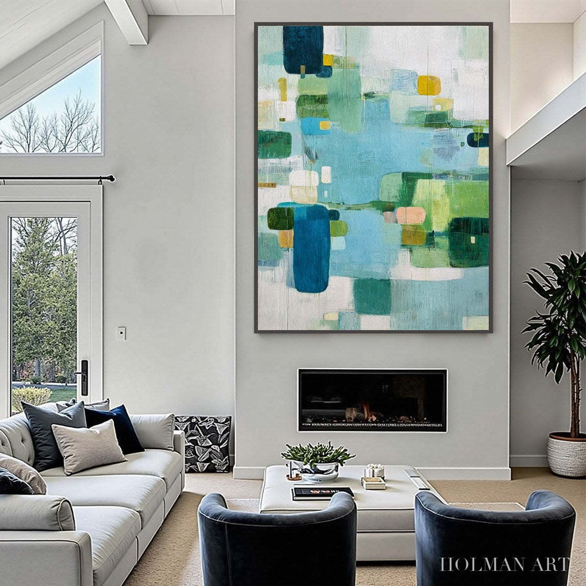 HOLMAN ART Verdant Mosaic – Vertical Modern Blue and Green Abstract Painting - image 6