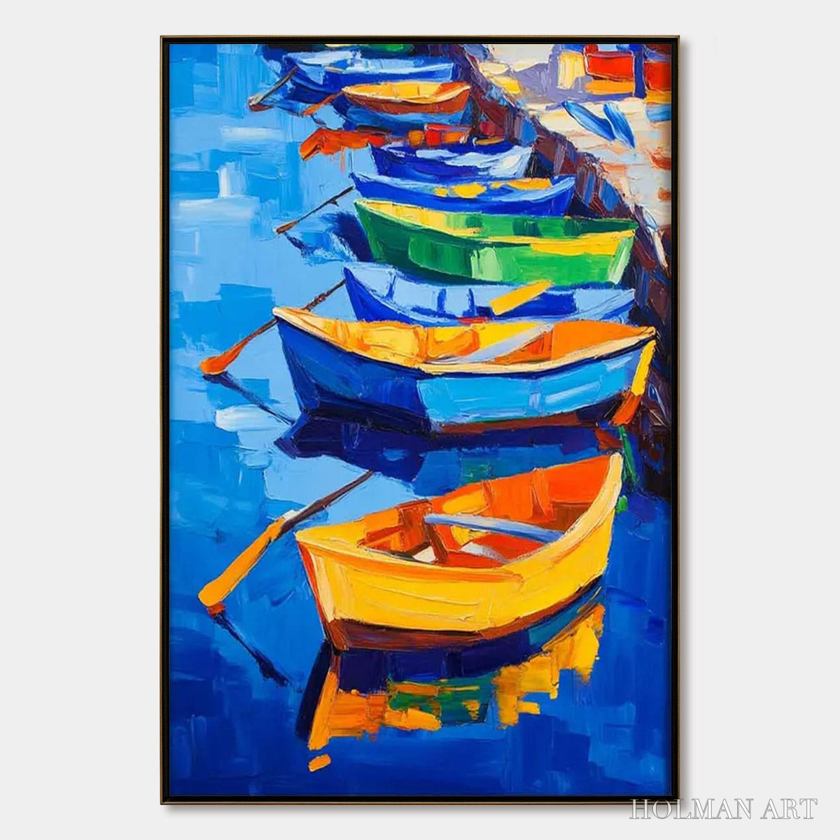 HOLMAN ART Rainbow Harbor – Vibrant Impasto Boatscape Oil Painting - image 1