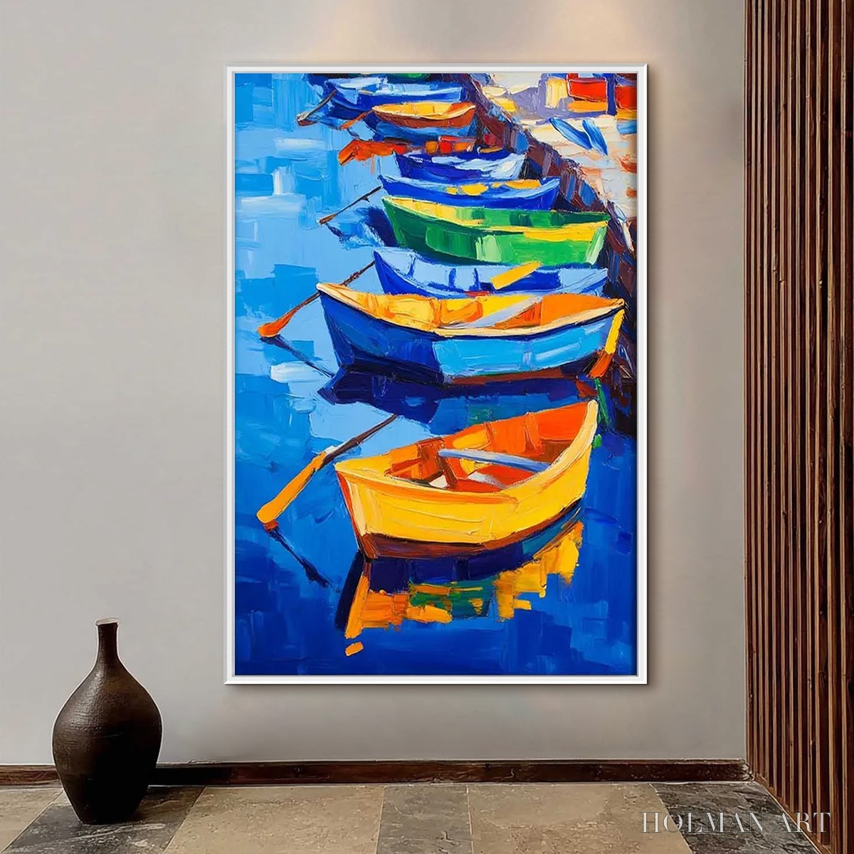 HOLMAN ART Rainbow Harbor – Vibrant Impasto Boatscape Oil Painting - image 2