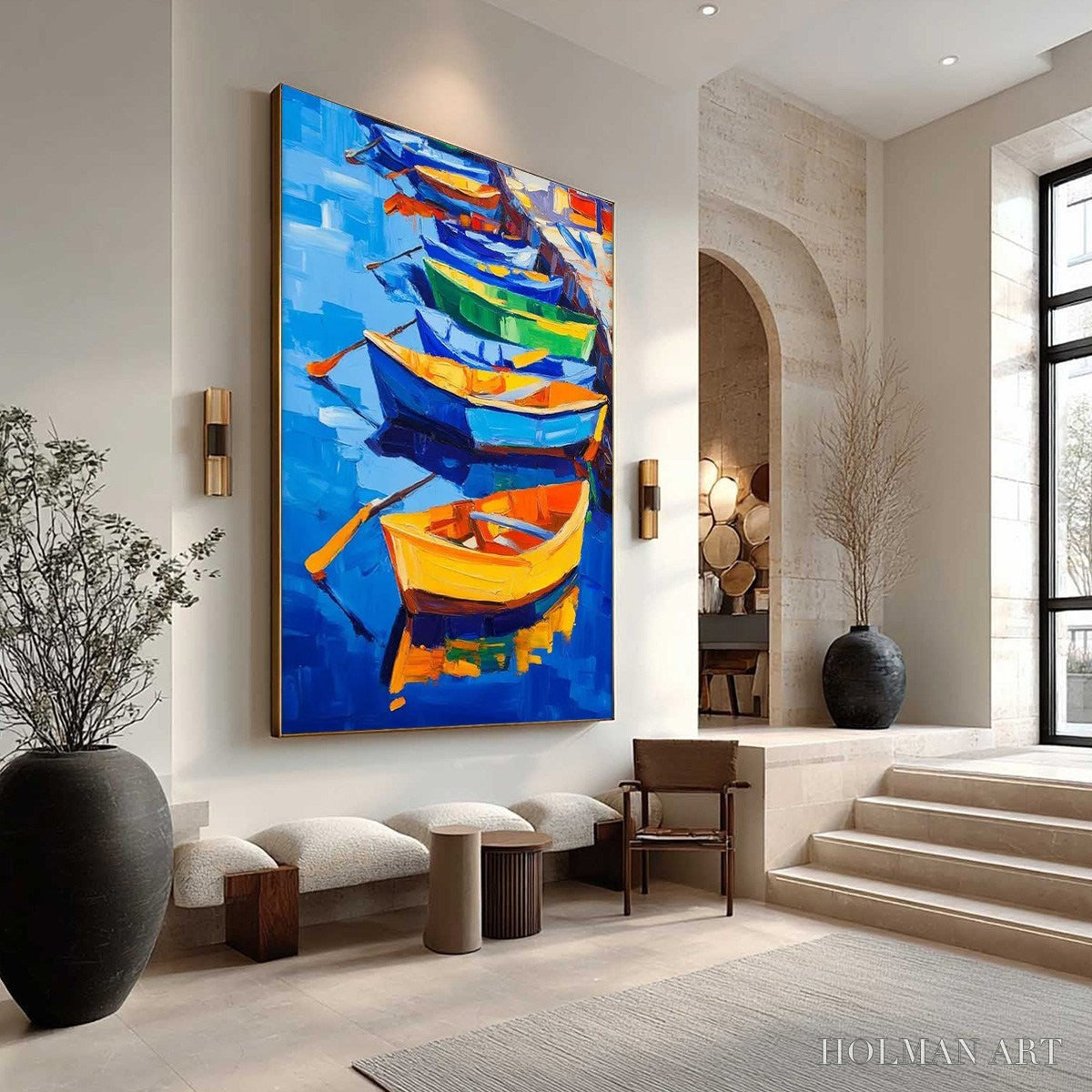 HOLMAN ART Rainbow Harbor – Vibrant Impasto Boatscape Oil Painting - image 4