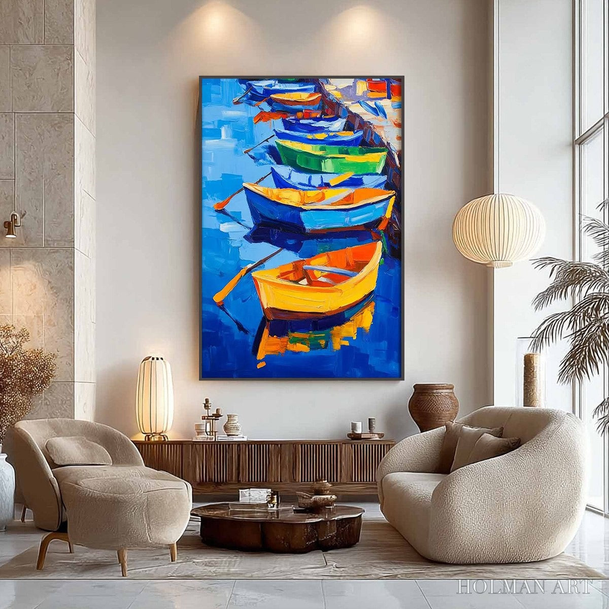 HOLMAN ART Rainbow Harbor – Vibrant Impasto Boatscape Oil Painting - image 5