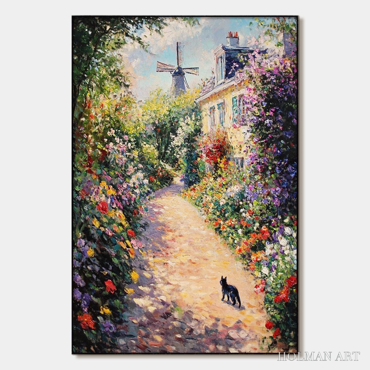 HOLMAN ART Windmill Way – Charming Village Garden Path Oil Painting - image 1