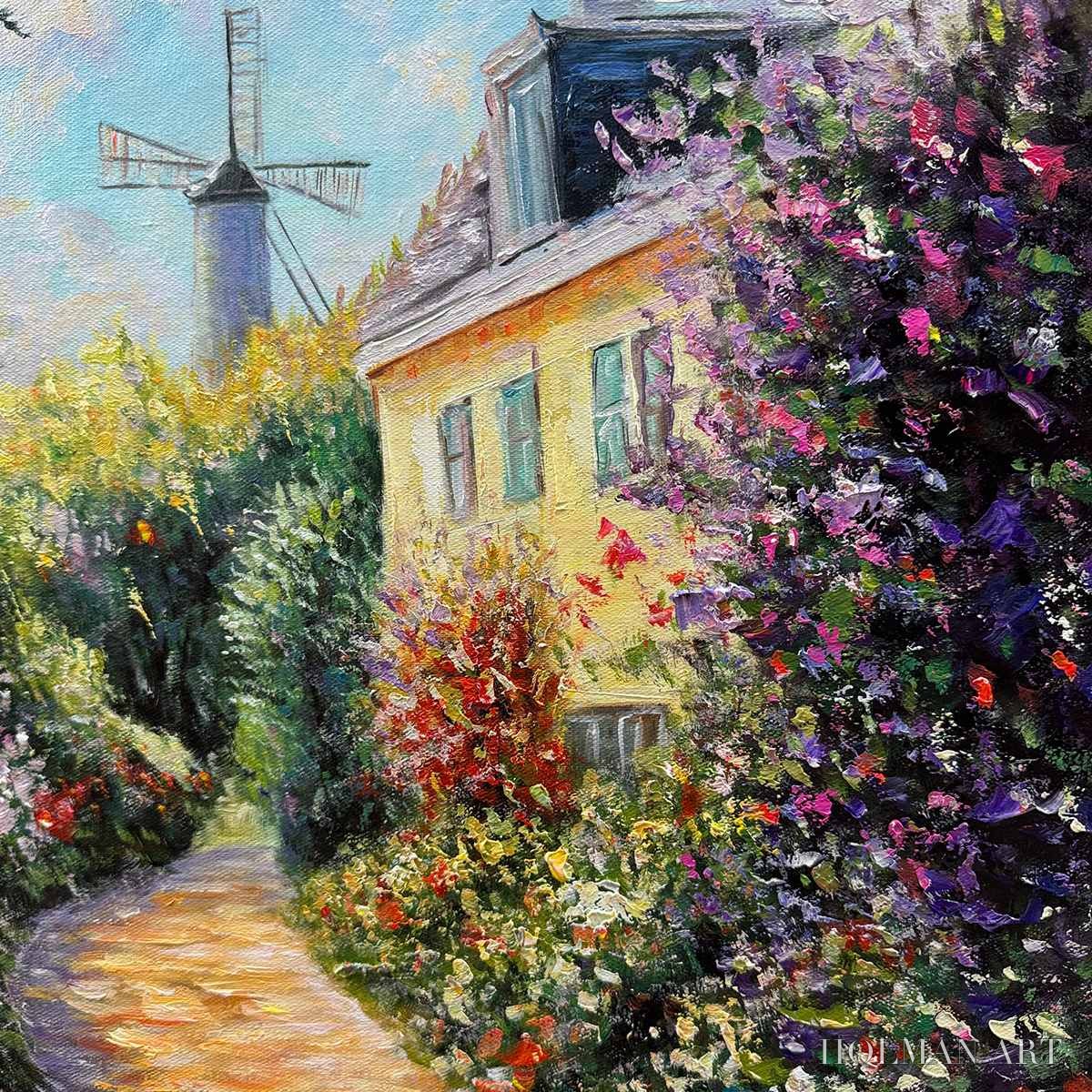 HOLMAN ART Windmill Way – Charming Village Garden Path Oil Painting - image 5
