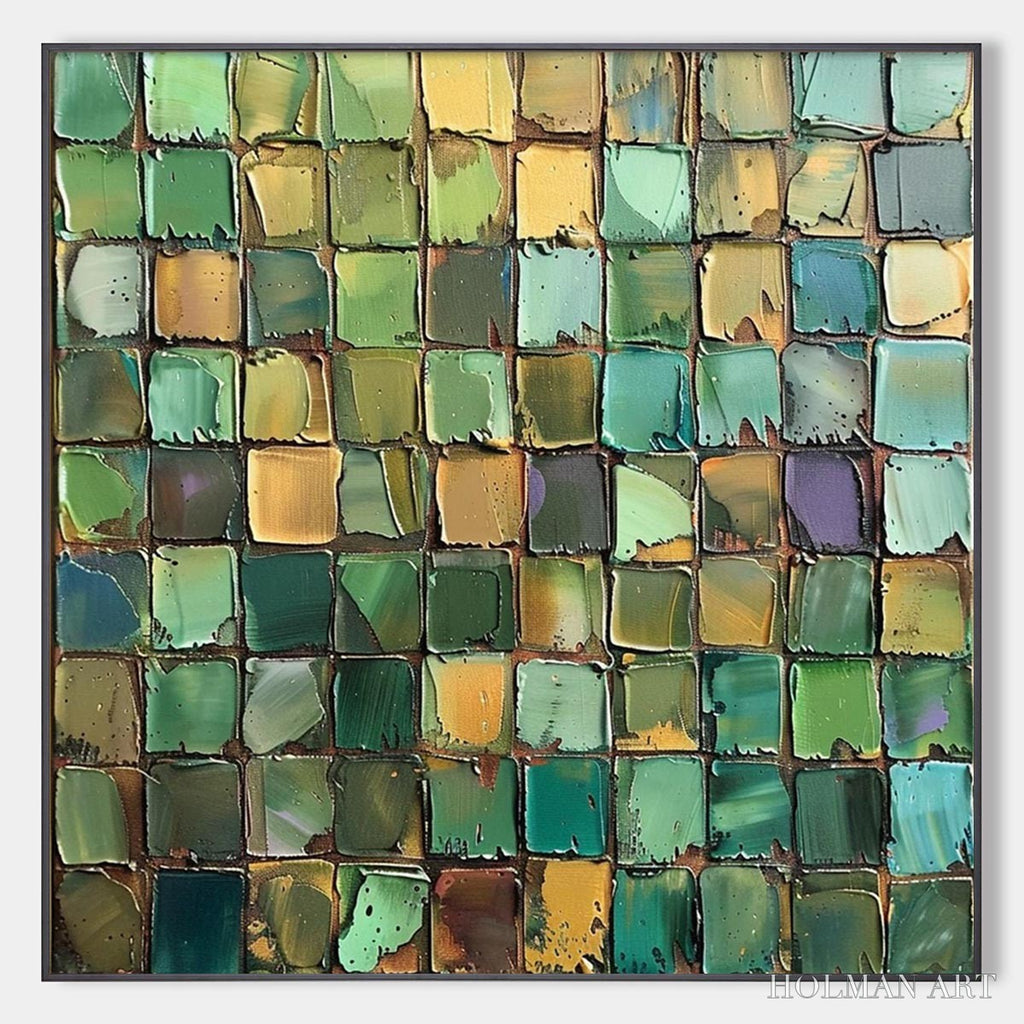 HOLMAN ART Emerald Mosaic – Textured Abstract Green and Gold Oil Painting - image 1