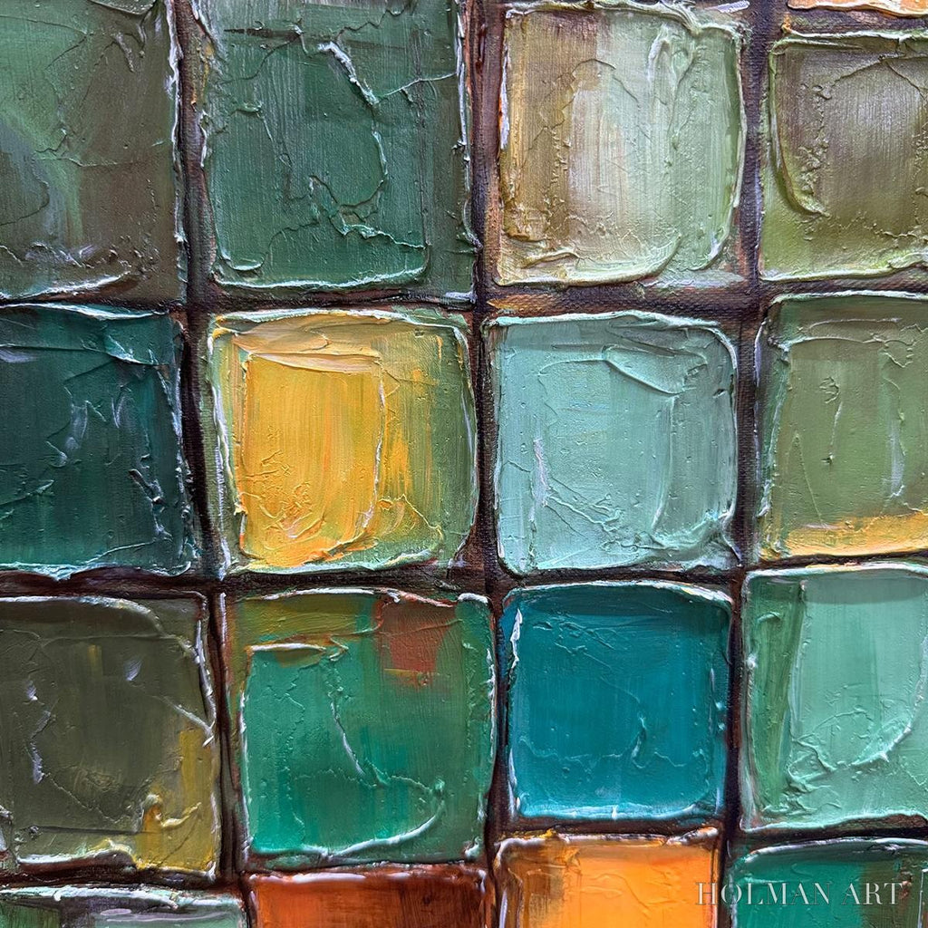HOLMAN ART Emerald Mosaic – Textured Abstract Green and Gold Oil Painting - image 3