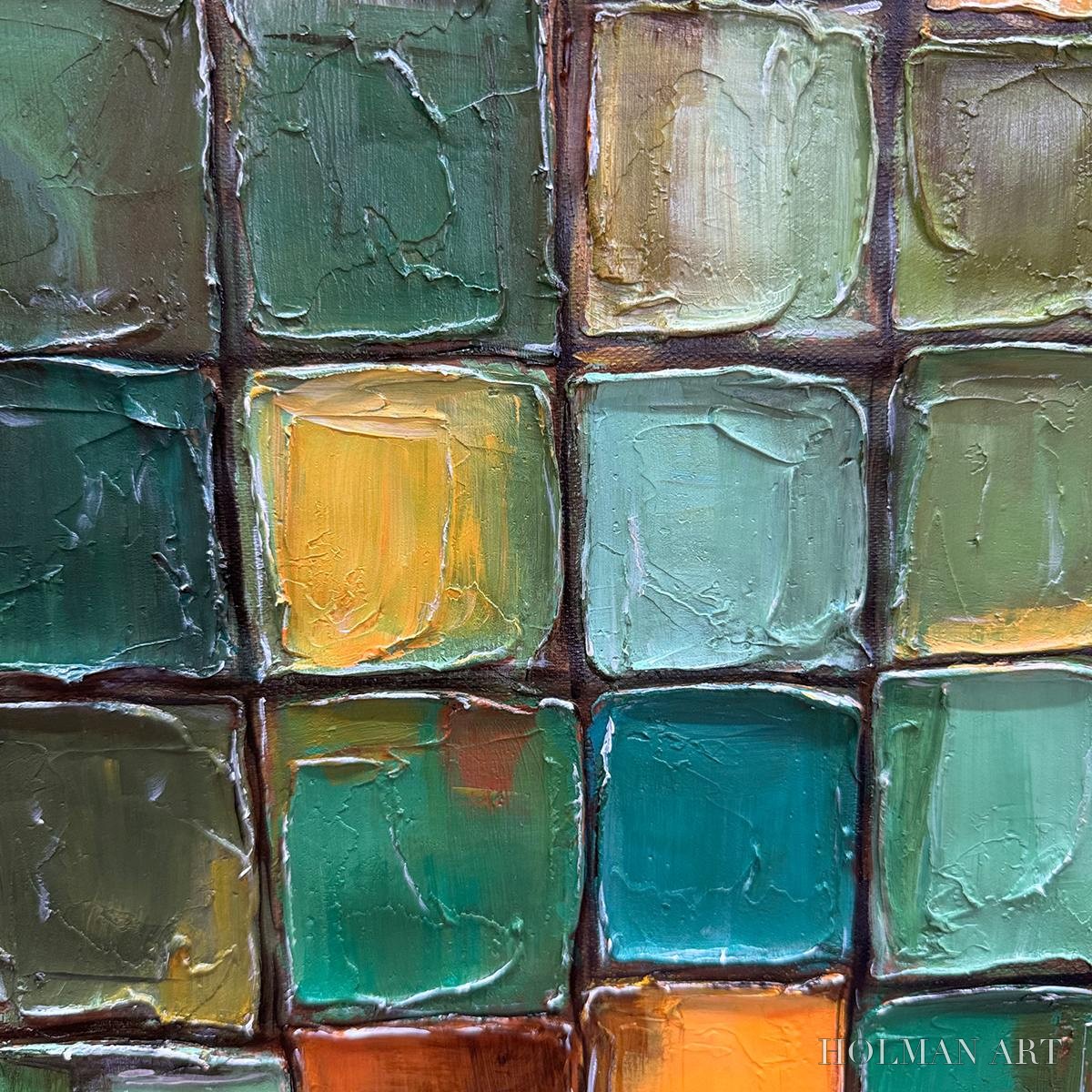 HOLMAN ART Emerald Mosaic – Textured Abstract Green and Gold Oil Painting - image 3