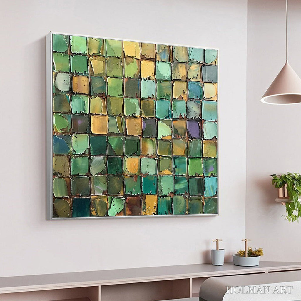 HOLMAN ART Emerald Mosaic – Textured Abstract Green and Gold Oil Painting - image 4
