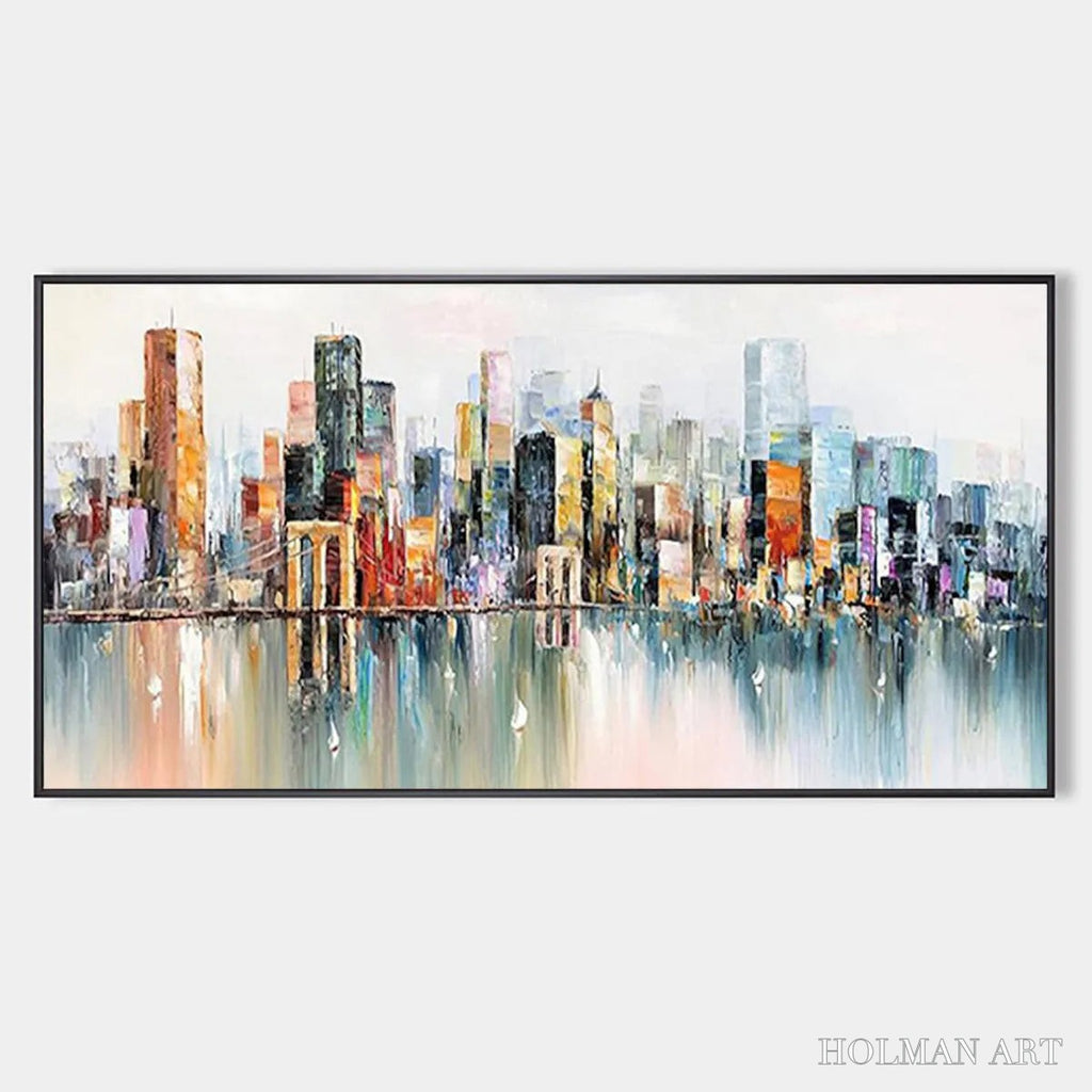 HOLMAN ART Metropolitan Reflections – Panoramic Cityscape Oil Painting - image 1