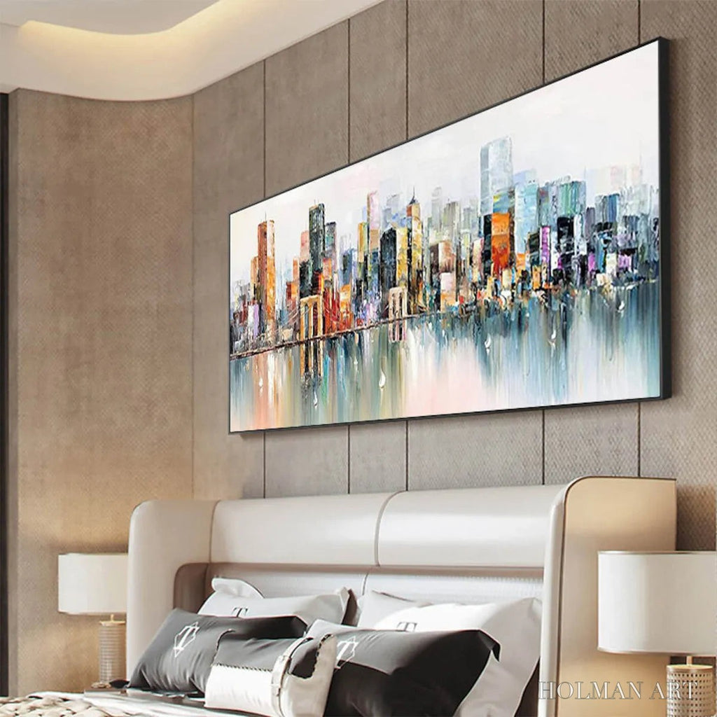 HOLMAN ART Metropolitan Reflections – Panoramic Cityscape Oil Painting - image 4