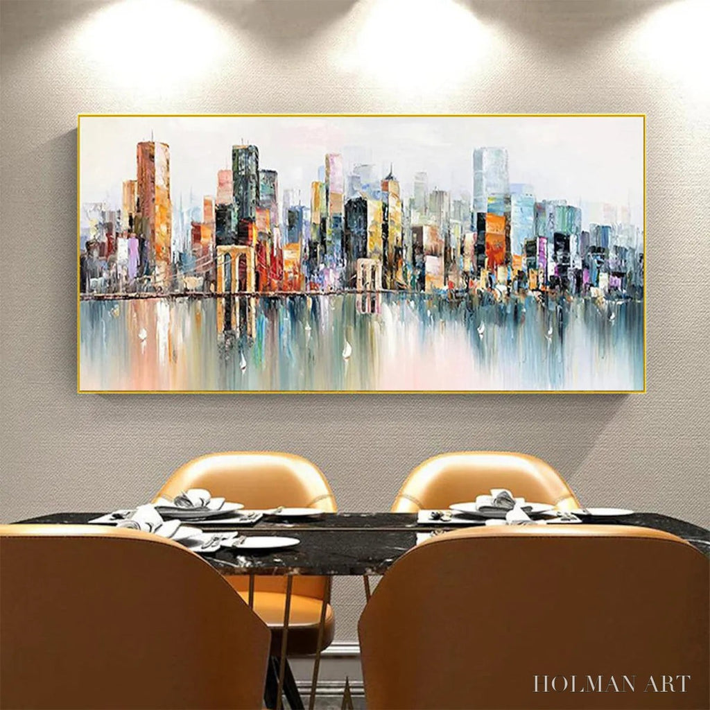 HOLMAN ART Metropolitan Reflections – Panoramic Cityscape Oil Painting - image 6