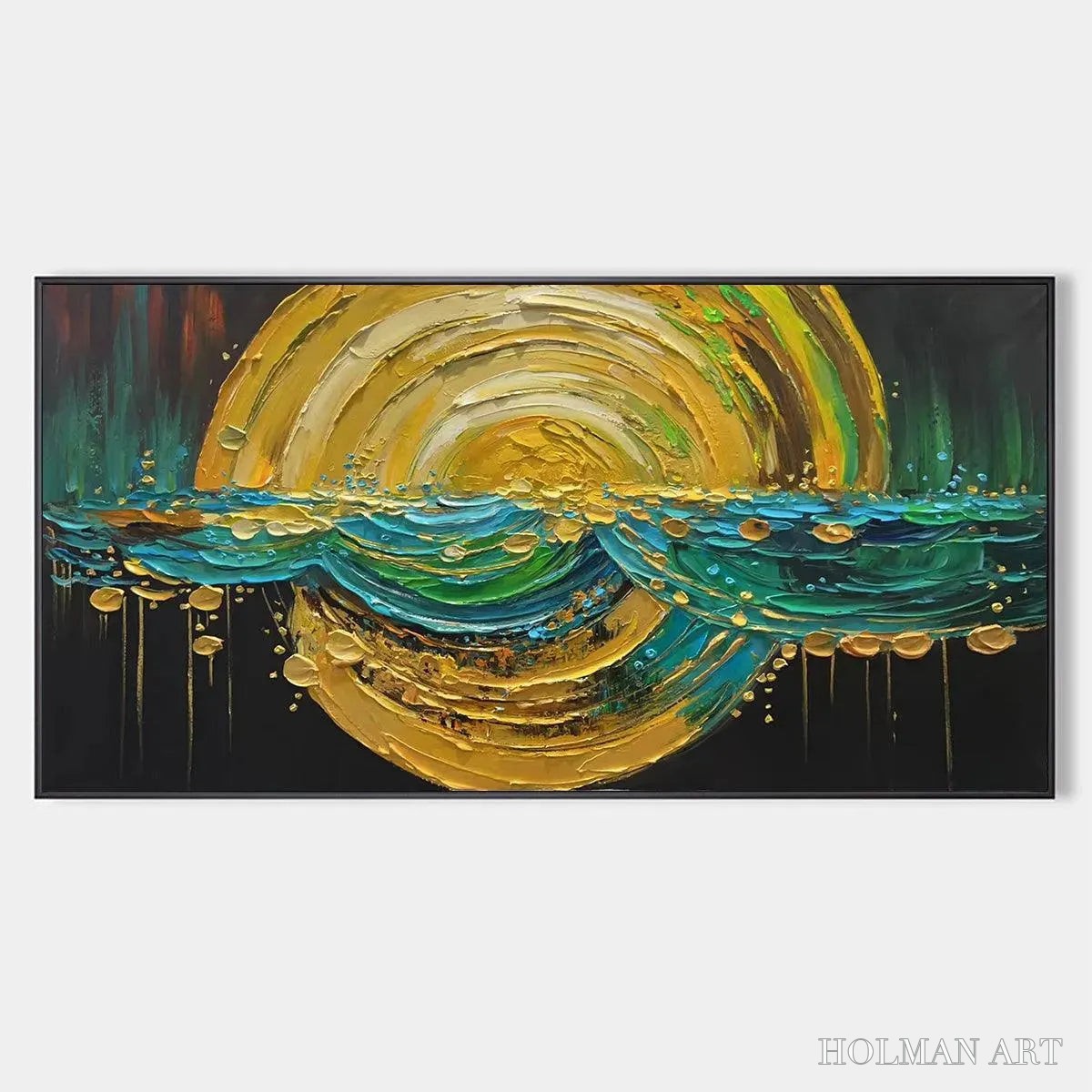 HOLMAN ART Abstract Sunburst Oil Painting - Gold and Green Art - image 1