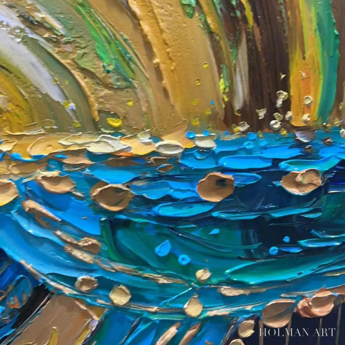 HOLMAN ART Abstract Sunburst Oil Painting - Gold and Green Art - image 3