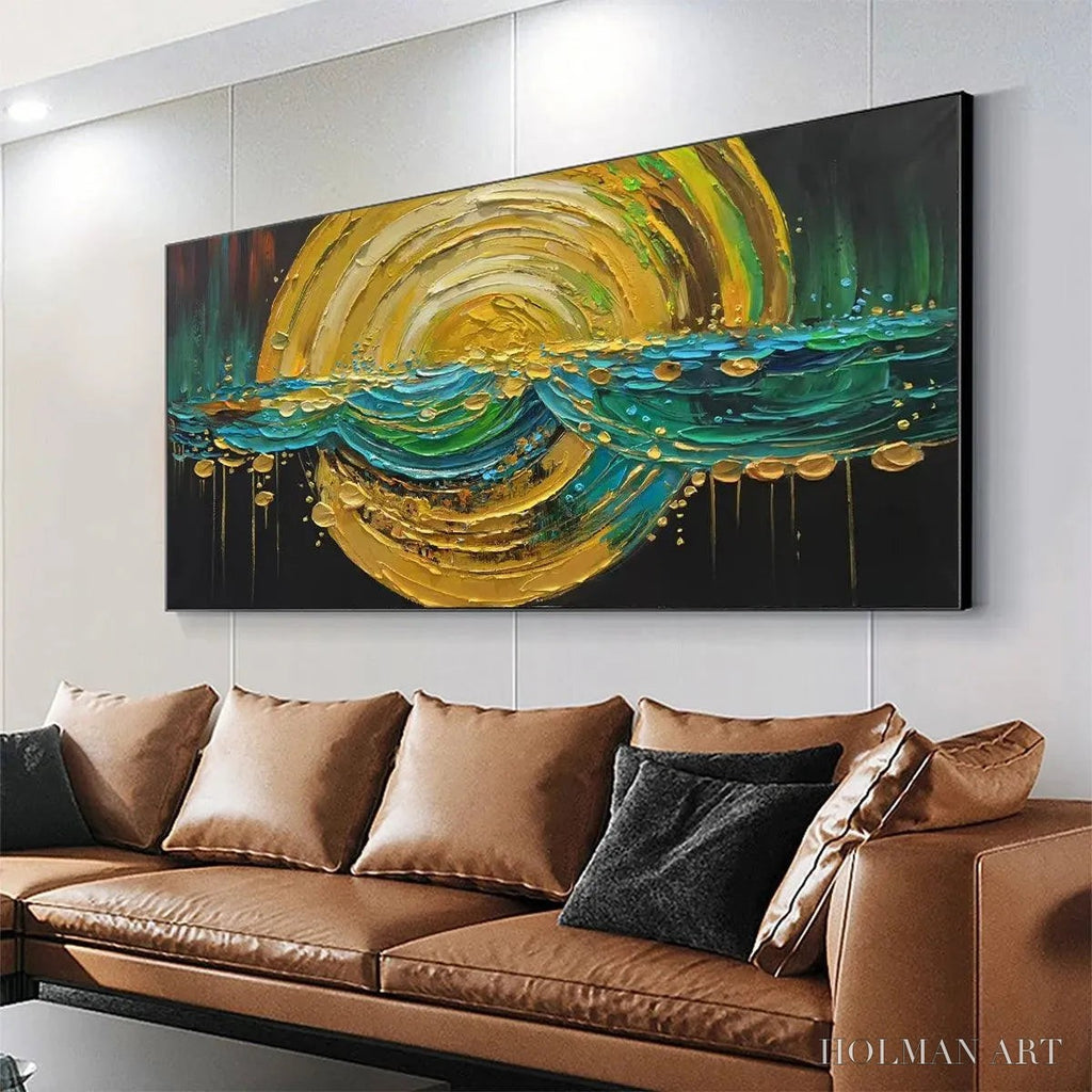 HOLMAN ART Abstract Sunburst Oil Painting - Gold and Green Art - image 4