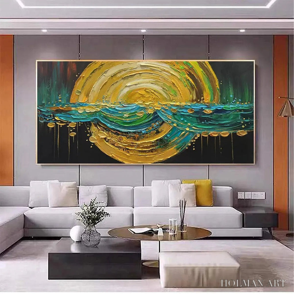 HOLMAN ART Abstract Sunburst Oil Painting - Gold and Green Art - image 6