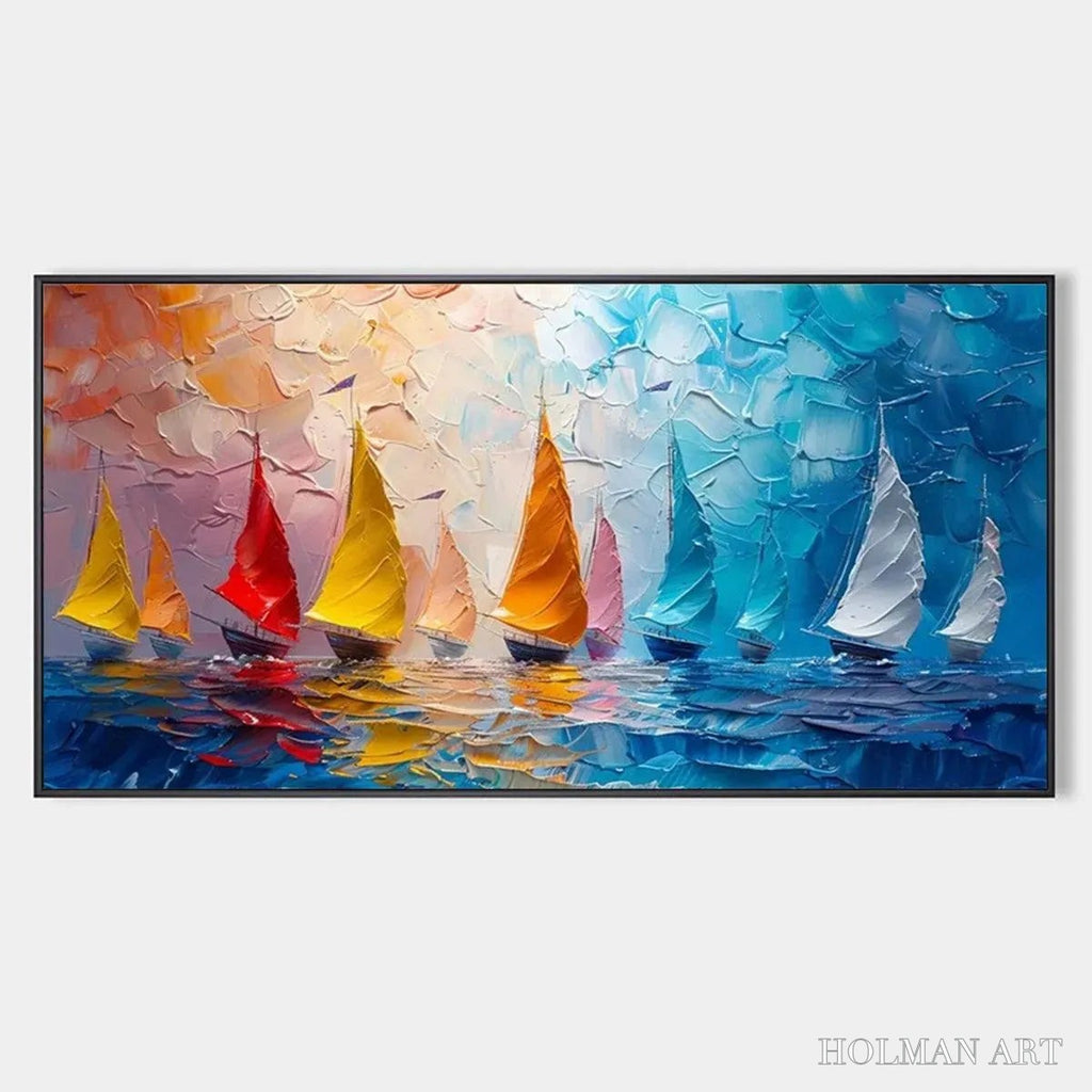 HOLMAN ART Regatta – Textured Sailboat Painting, Impasto , Panoramic Canvas, Coastal Decor - image 1