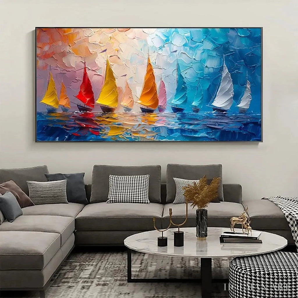 HOLMAN ART Regatta – Textured Sailboat Painting, Impasto , Panoramic Canvas, Coastal Decor - image 2