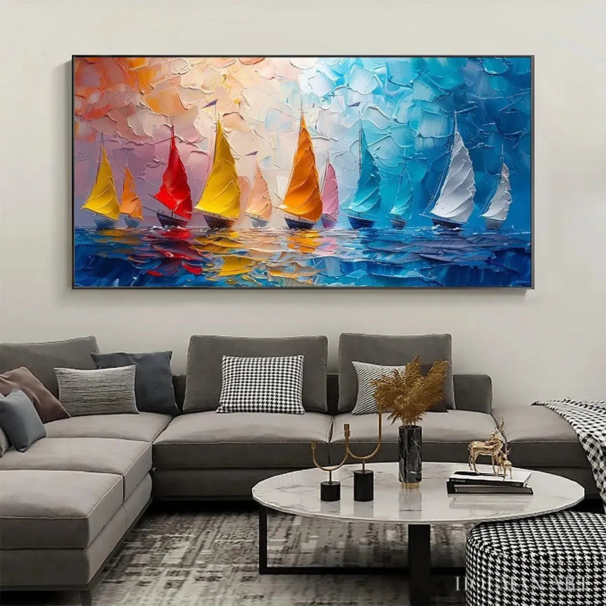 HOLMAN ART Regatta – Textured Sailboat Painting, Impasto , Panoramic Canvas, Coastal Decor - image 2