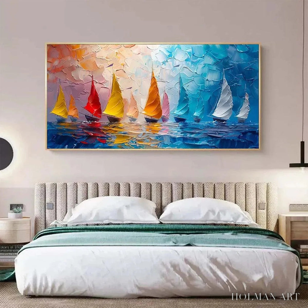 HOLMAN ART Regatta – Textured Sailboat Painting, Impasto , Panoramic Canvas, Coastal Decor - image 4