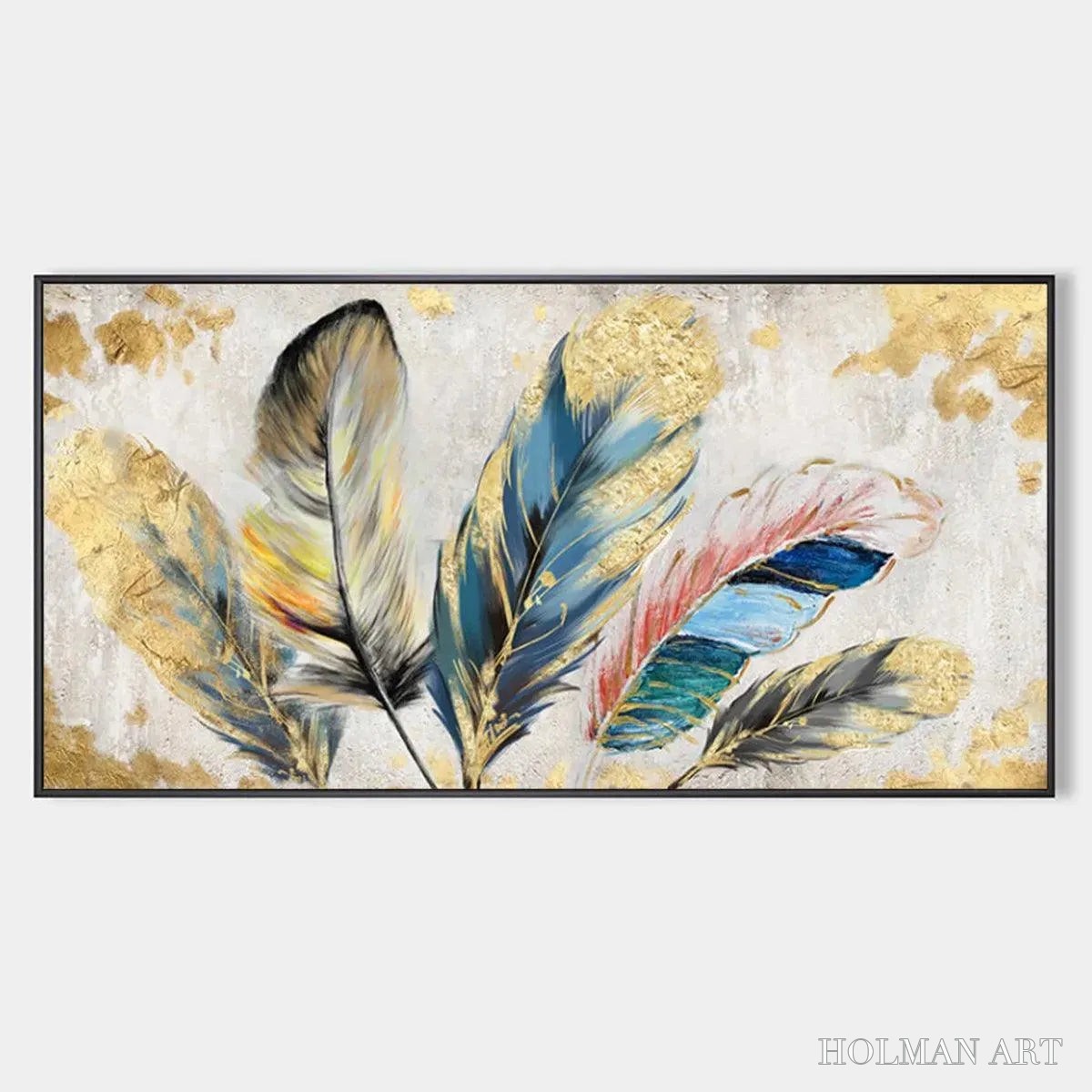 HOLMAN ART Golden and Blue Feathers – Vibrant Feather Painting, Horizontal - image 1