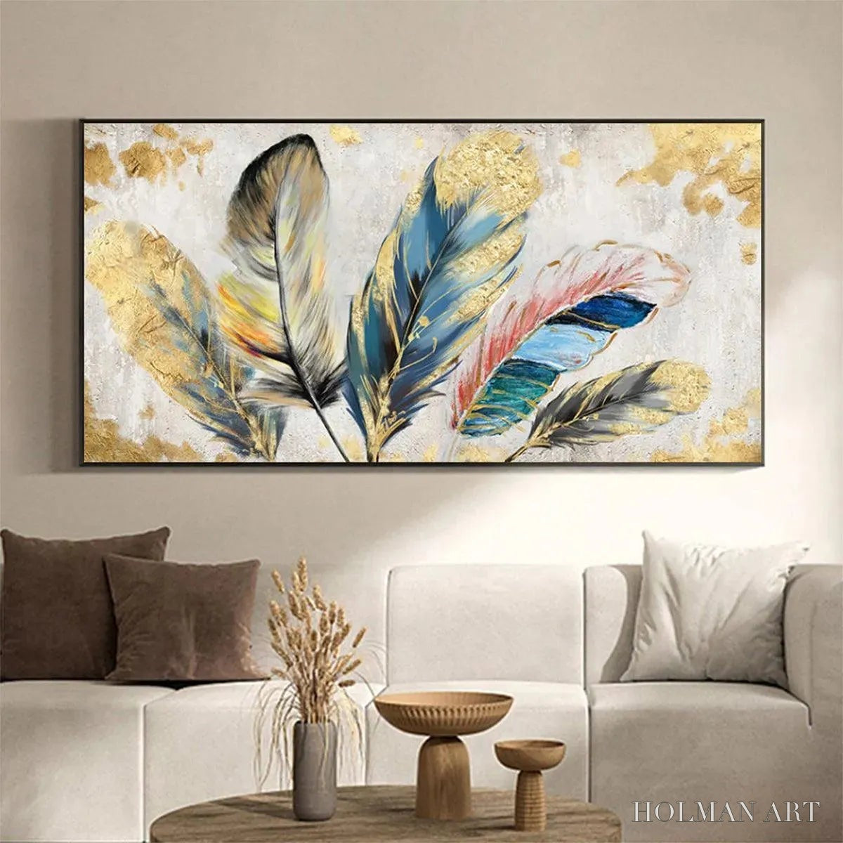 HOLMAN ART Golden and Blue Feathers – Vibrant Feather Painting, Horizontal - image 2
