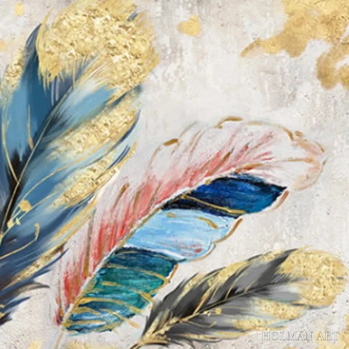 HOLMAN ART Golden and Blue Feathers – Vibrant Feather Painting, Horizontal - image 3
