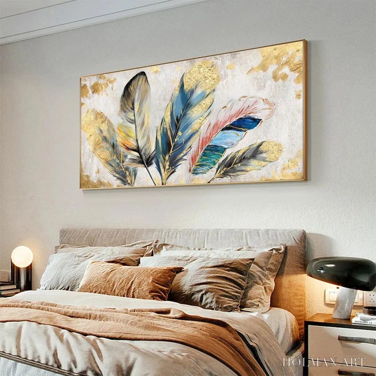HOLMAN ART Golden and Blue Feathers – Vibrant Feather Painting, Horizontal - image 4