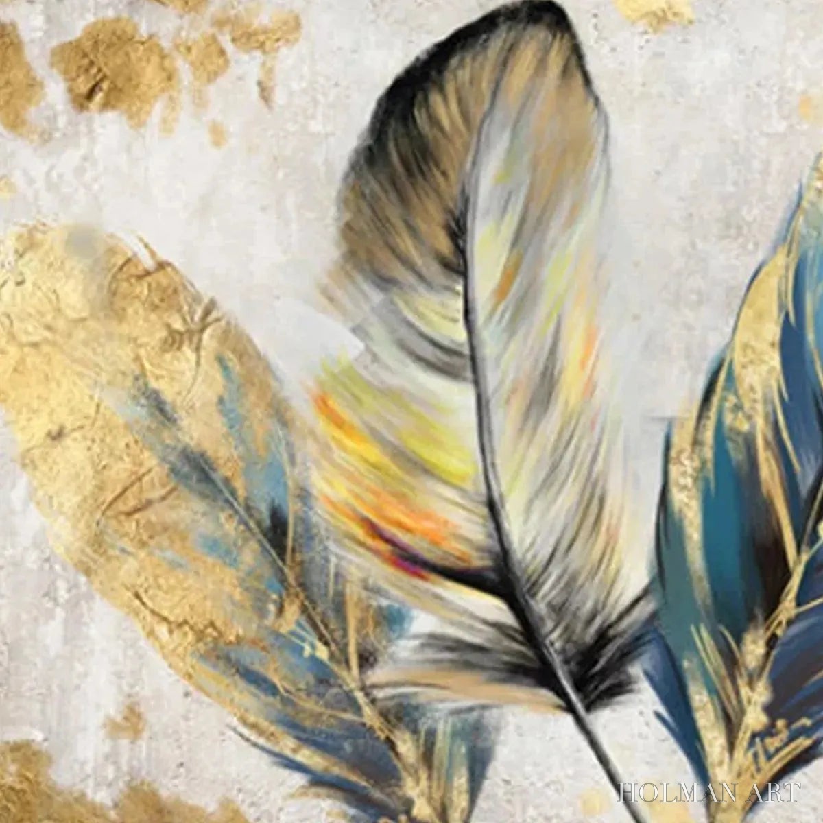 HOLMAN ART Golden and Blue Feathers – Vibrant Feather Painting, Horizontal - image 5