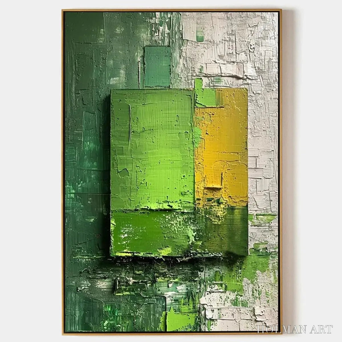 HOLMAN ART Green and Yellow Textured Blocks – Impasto Abstract Painting, Vertical - image 1