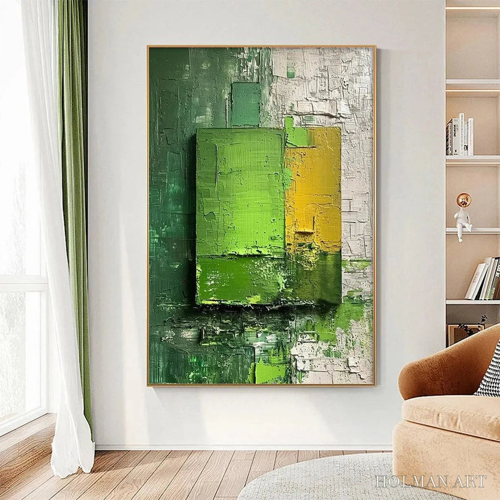 HOLMAN ART Green and Yellow Textured Blocks – Impasto Abstract Painting, Vertical - image 2