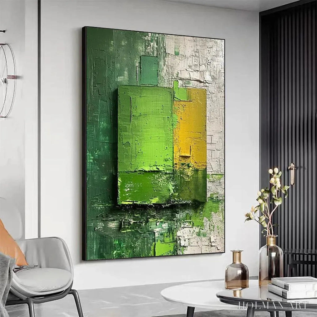 HOLMAN ART Green and Yellow Textured Blocks – Impasto Abstract Painting, Vertical - image 3