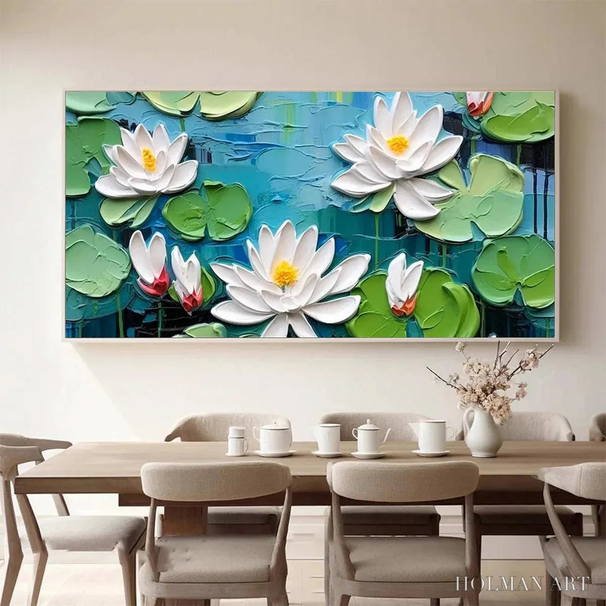 HOLMAN ART Serene Lotus Pond – Textured Impasto Water Lilies Painting, Horizontal - image 2