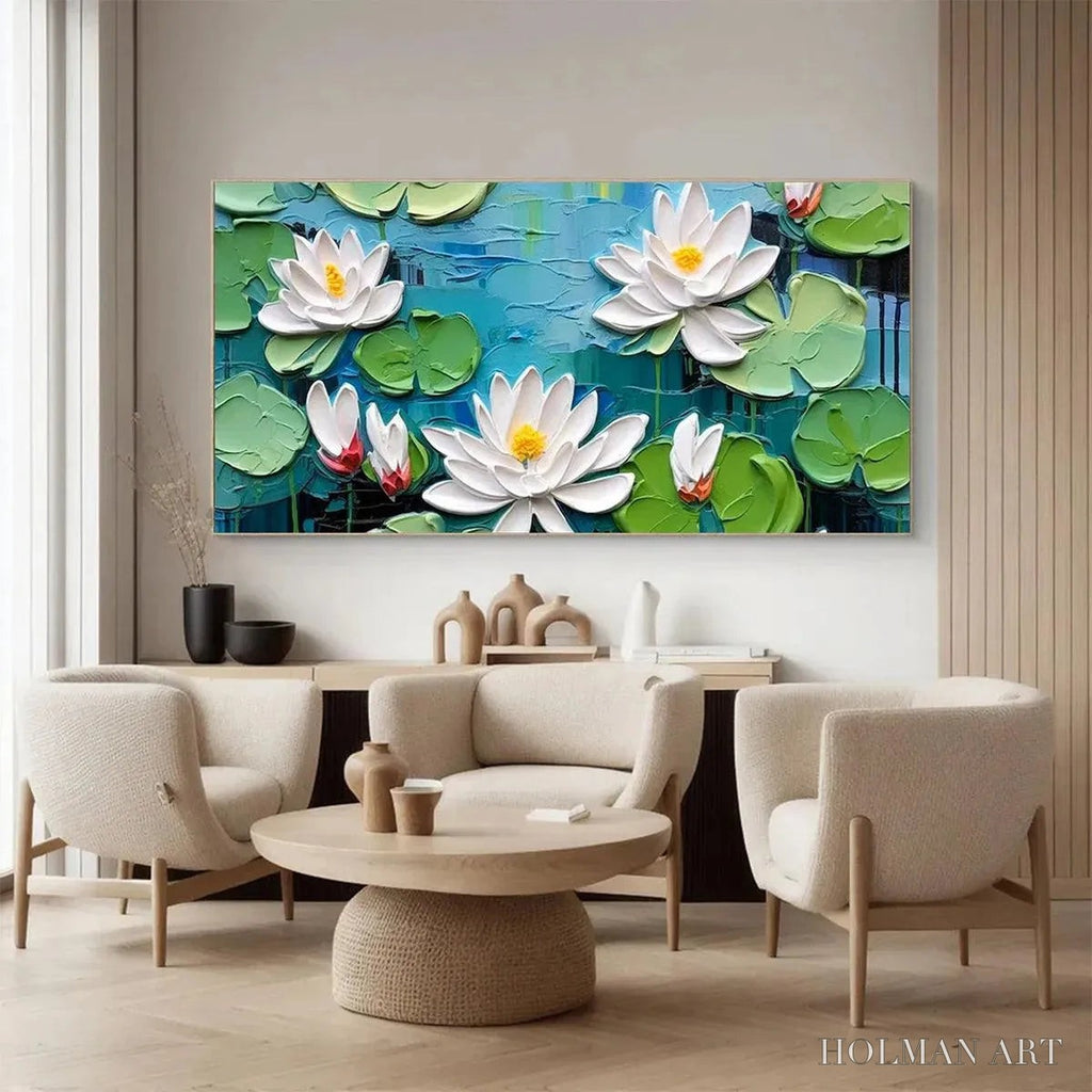 HOLMAN ART Serene Lotus Pond – Textured Impasto Water Lilies Painting, Horizontal - image 4