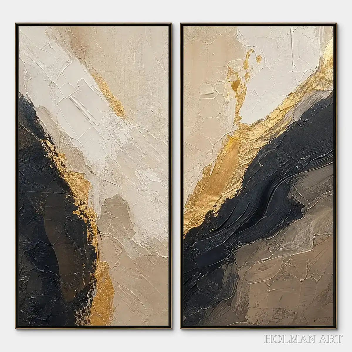 HOLMAN ART Twin Ember – Black Gold Diptych Abstract Set - image 1