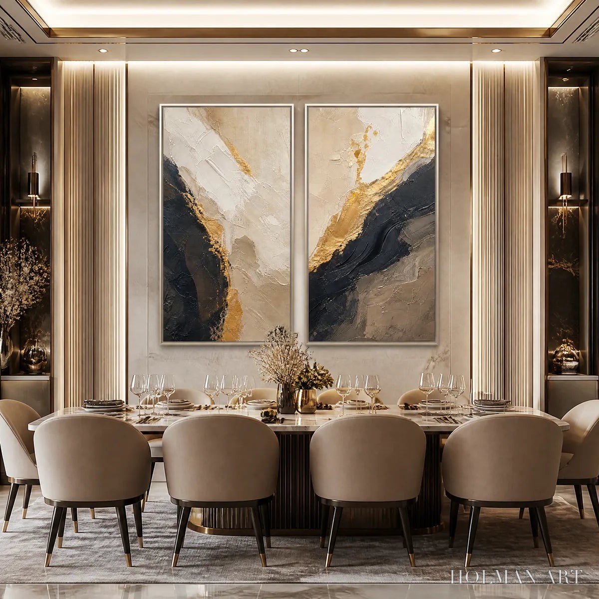 HOLMAN ART Twin Ember – Black Gold Diptych Abstract Set - image 2