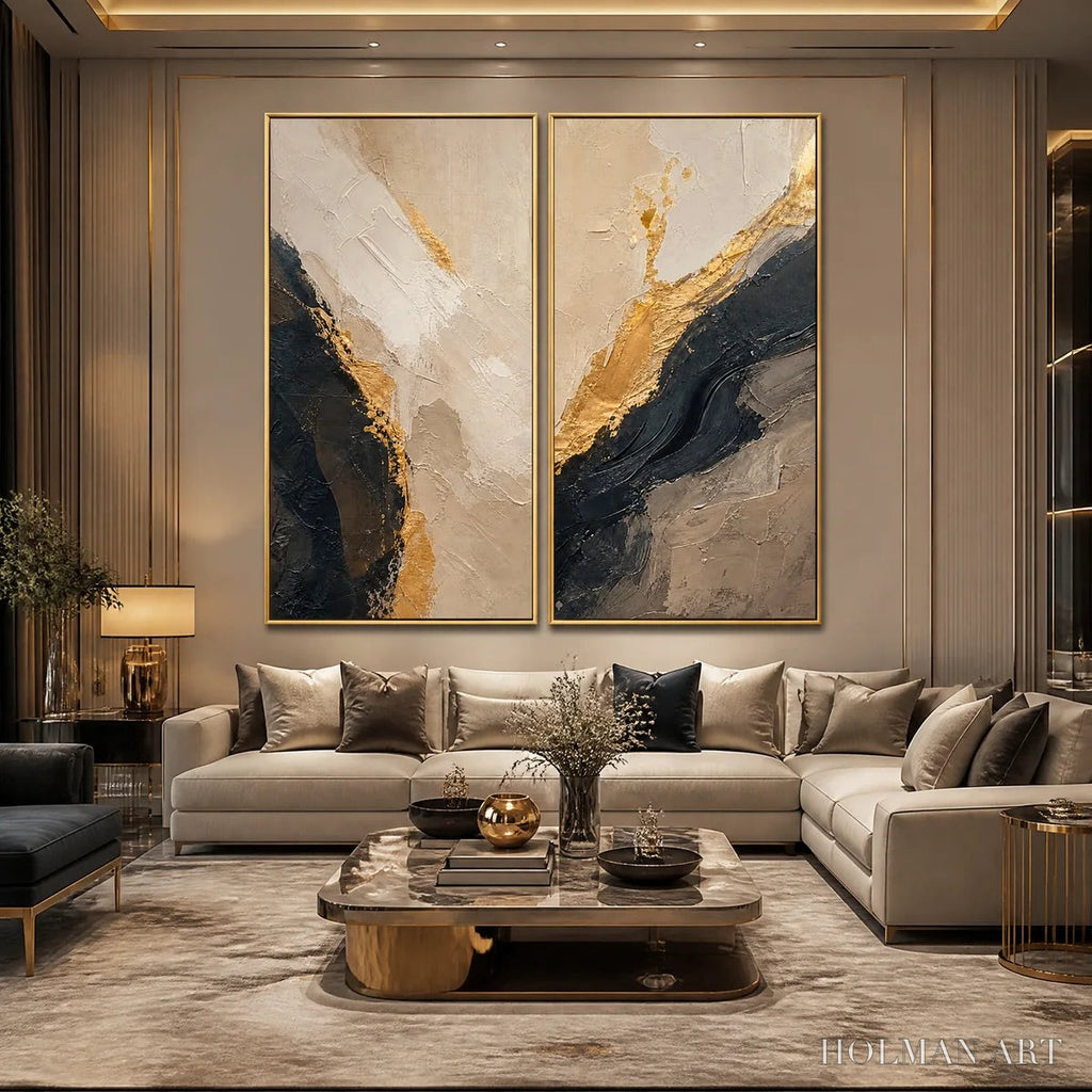HOLMAN ART Twin Ember – Black Gold Diptych Abstract Set - image 5