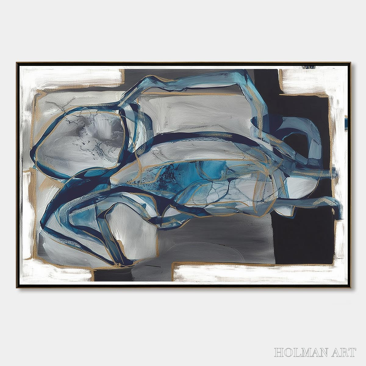 HOLMAN ART Azure Depths – Abstract Blue and Gold Oil Painting - image 1