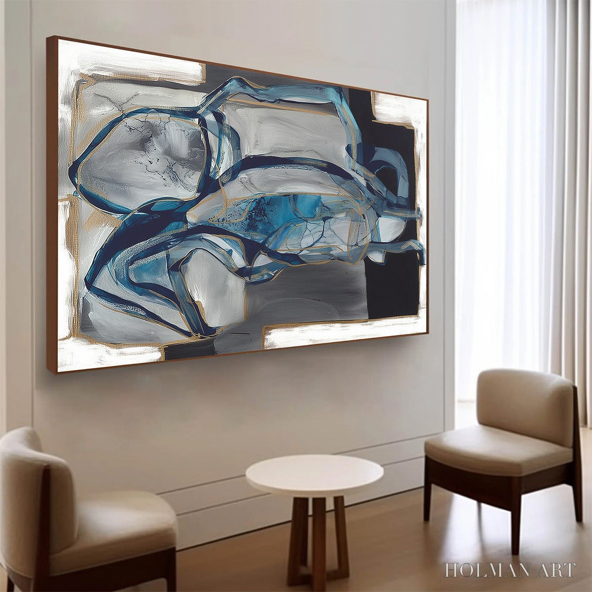 HOLMAN ART Azure Depths – Abstract Blue and Gold Oil Painting - image 3