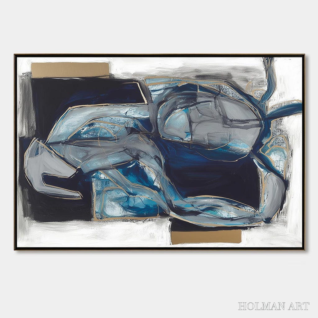 HOLMAN ART Indigo Dreamscape – Abstract Blue and Gold Oil Painting - image 1