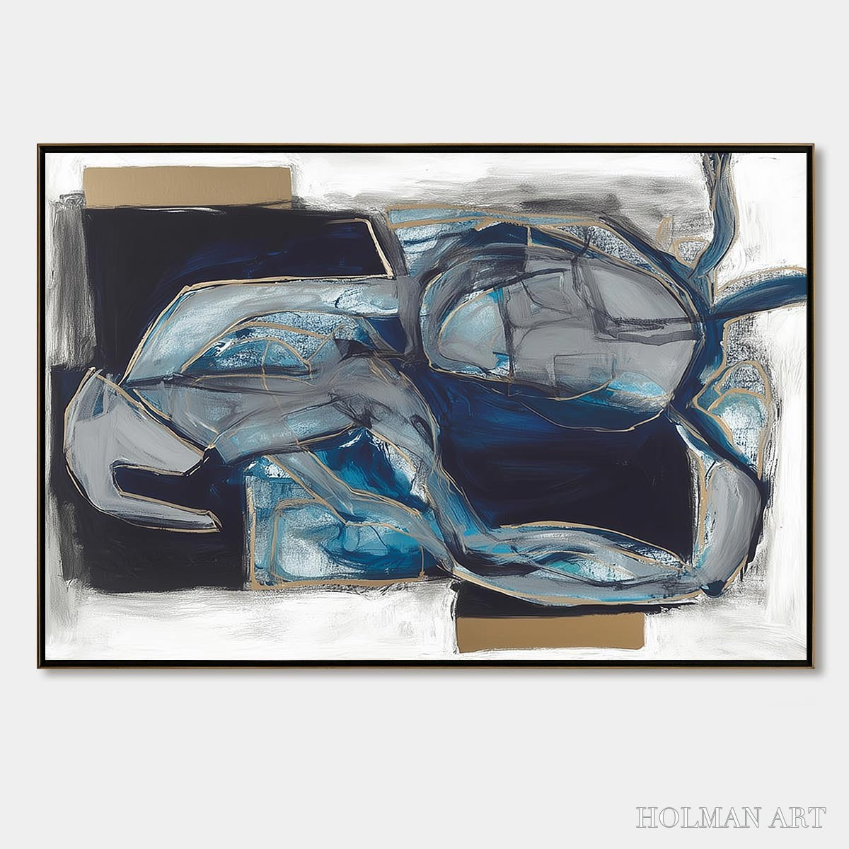 HOLMAN ART Indigo Dreamscape – Abstract Blue and Gold Oil Painting - image 1